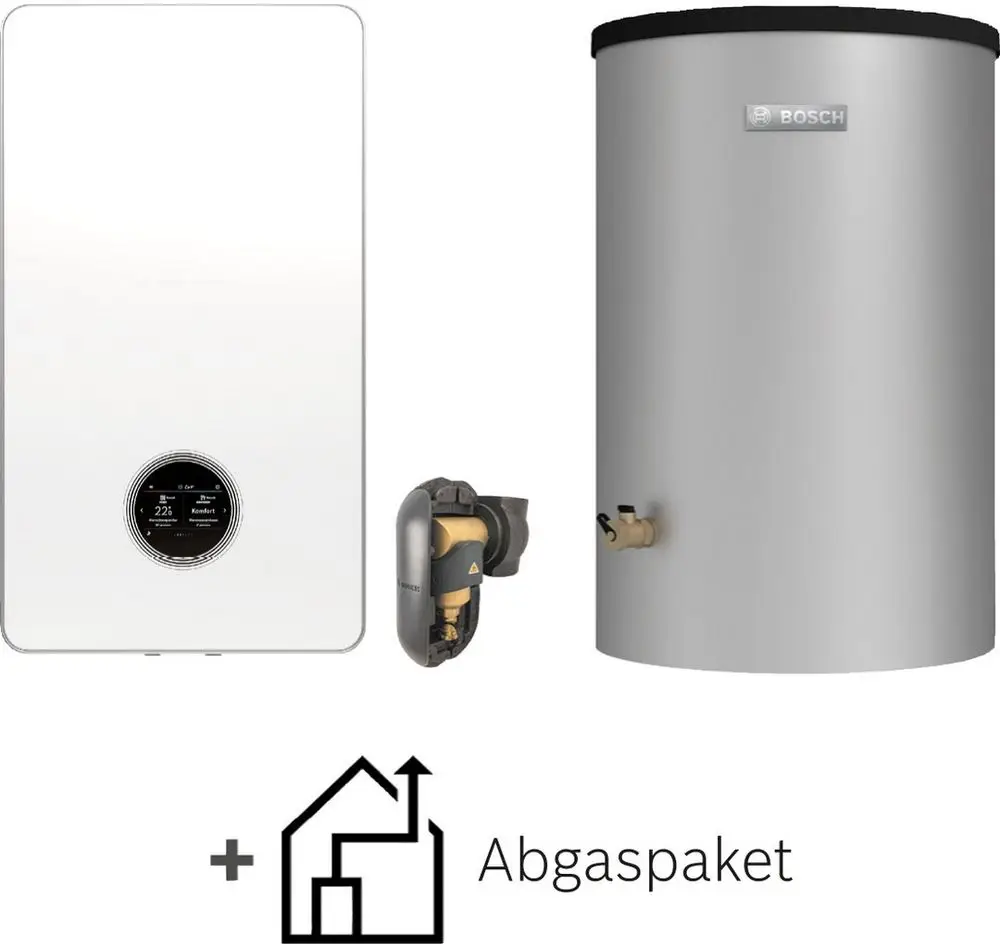 Kompakte Heizungsanlage von Bosch, bestehend aus einem weißen Gasgerät, einem silbernen Warmwasserspeicher und einem Abgasanschluss.